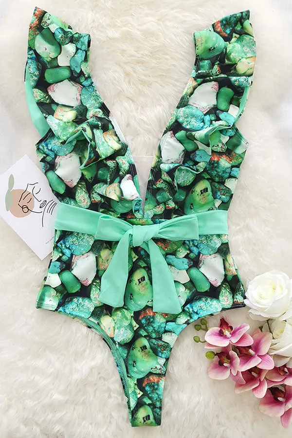 Stone Print Deep V Neck Ruffle Elegant Lace-Up One Piece Swimwear
