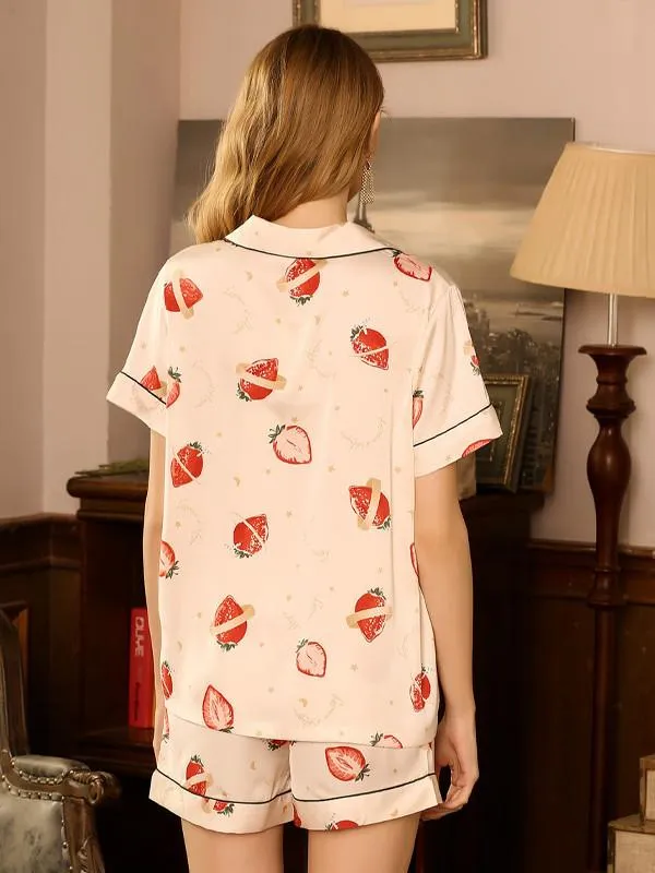 Strawberry printed short-sleeved ice silk pajamas exploded in summer simulation silk shorts ladies sweet home service two-piece suit