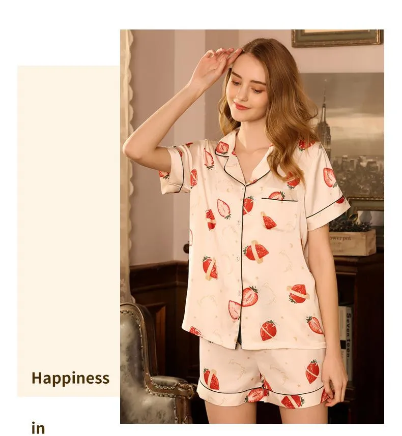 Strawberry printed short-sleeved ice silk pajamas exploded in summer simulation silk shorts ladies sweet home service two-piece suit