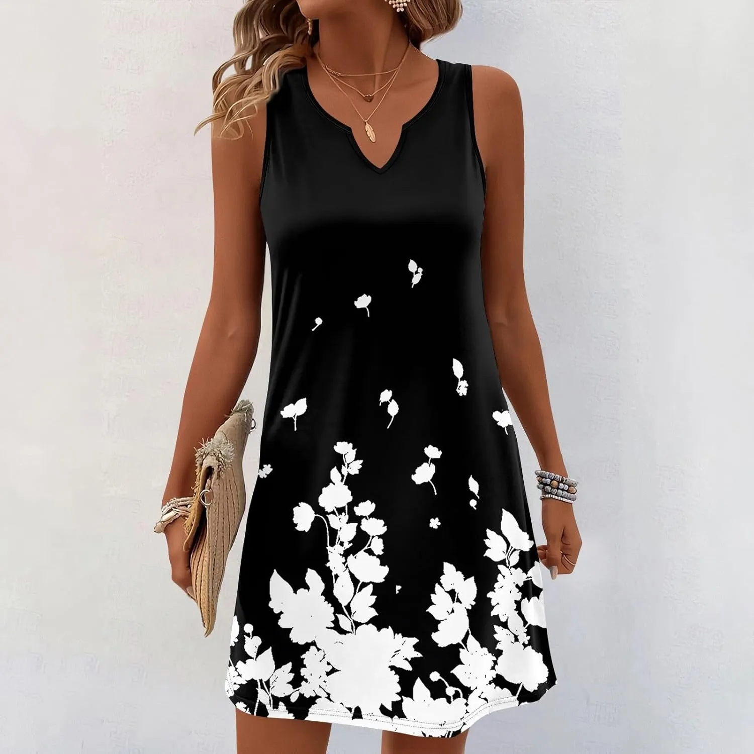Summer Dresses for Women V Neck Sundresses Casual Beach Tank Dress Floral T Shirt Dresses Loose Sleeveless Sleep Dress
