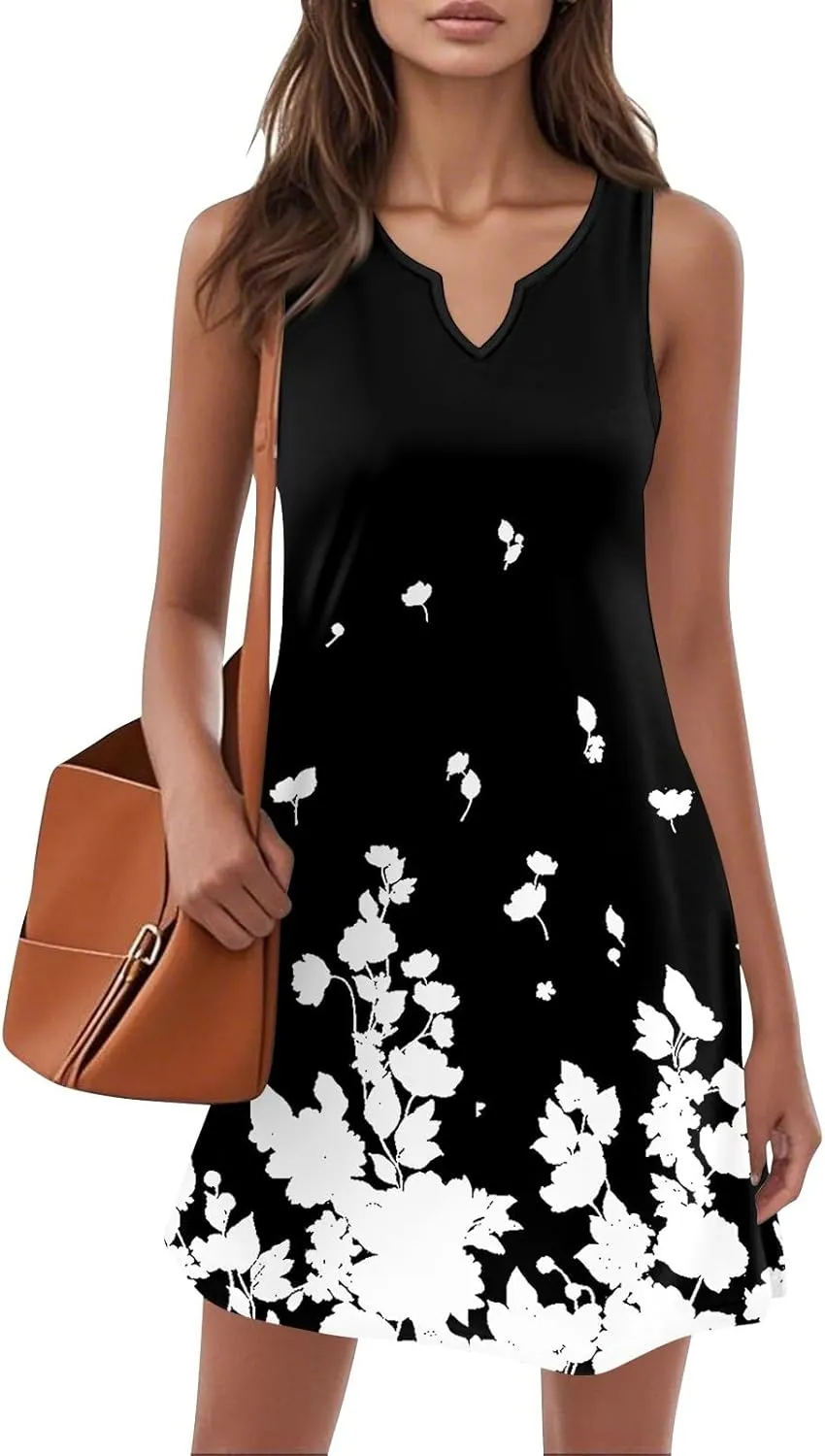 Summer Dresses for Women V Neck Sundresses Casual Beach Tank Dress Floral T Shirt Dresses Loose Sleeveless Sleep Dress