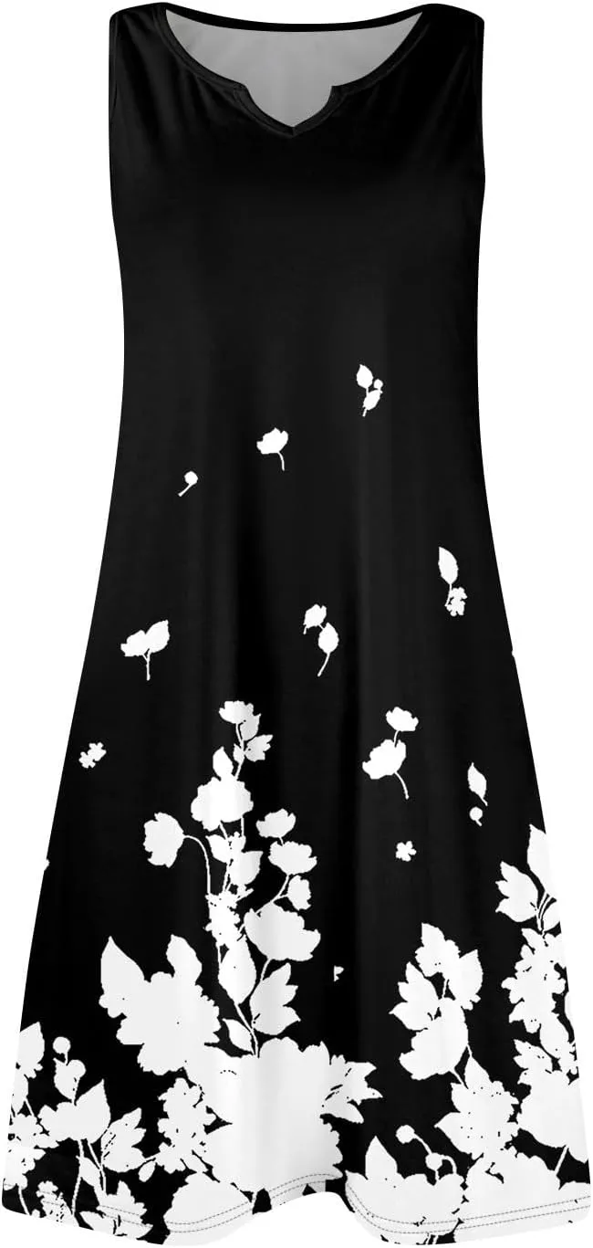 Summer Dresses for Women V Neck Sundresses Casual Beach Tank Dress Floral T Shirt Dresses Loose Sleeveless Sleep Dress