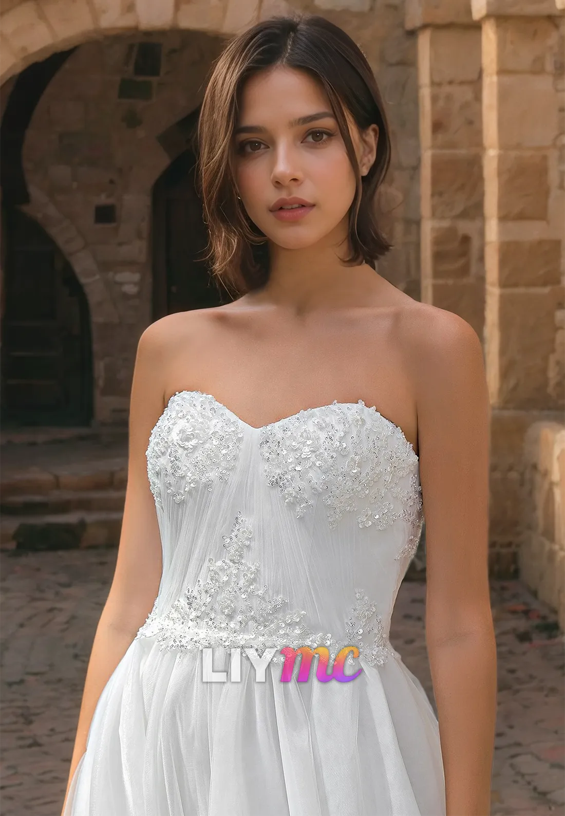 Sweetheart Sleeveless Tulle Sequins A-Line Beach Wedding Dress
