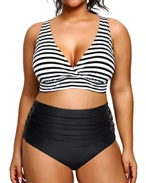 V Neck Adjustable Straps Plus Size Bikini High Waisted Swimsuits For Women-Black And White Stripe