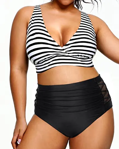V Neck Adjustable Straps Plus Size Bikini High Waisted Swimsuits For Women-Black And White Stripe