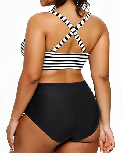 V Neck Adjustable Straps Plus Size Bikini High Waisted Swimsuits For Women-Black And White Stripe