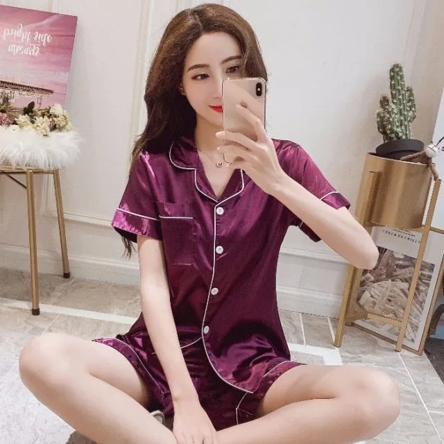 VenusFox SILK PAJAMA suit short sleeve sleepwear two-piece silk