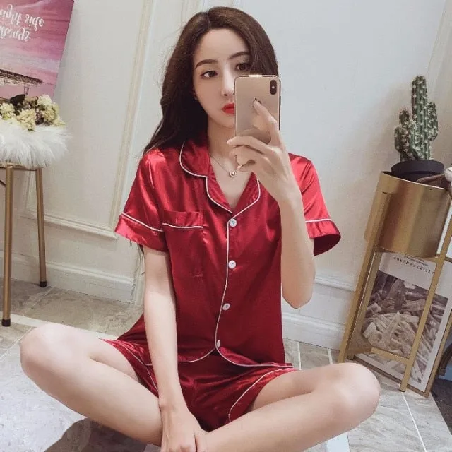 VenusFox SILK PAJAMA suit short sleeve sleepwear two-piece silk
