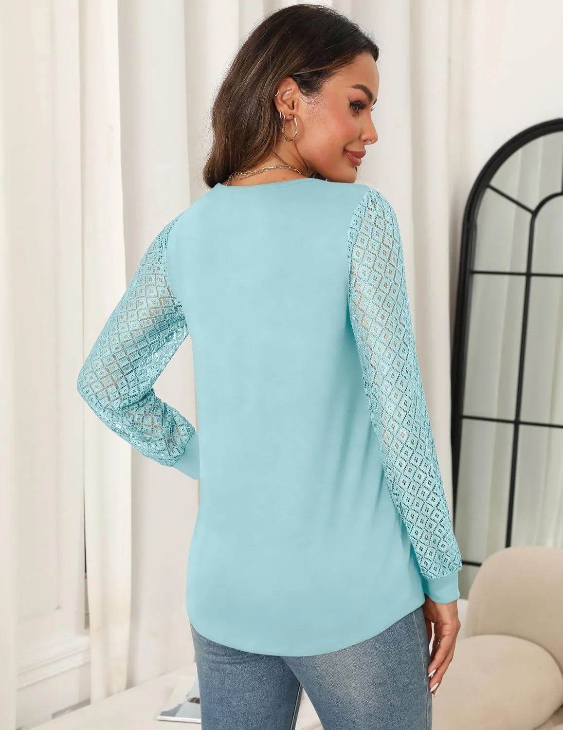 Womens Lace Long Sleeve Shirts Dressy Causal Work Blouses Flowy Tunic Tops Summer Trendy Business Outfits