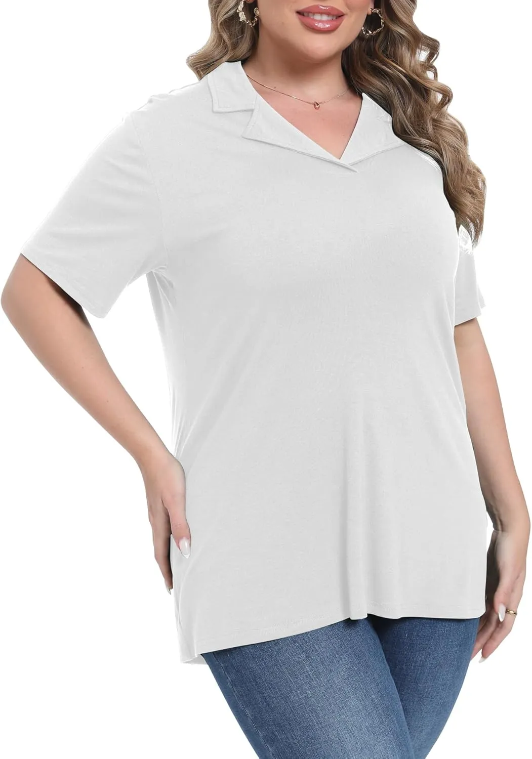 Womens Plus Size Collared Neck Polo Shirts Summer Short Sleeve Tops Loose Work Casual Dressy T Shirts