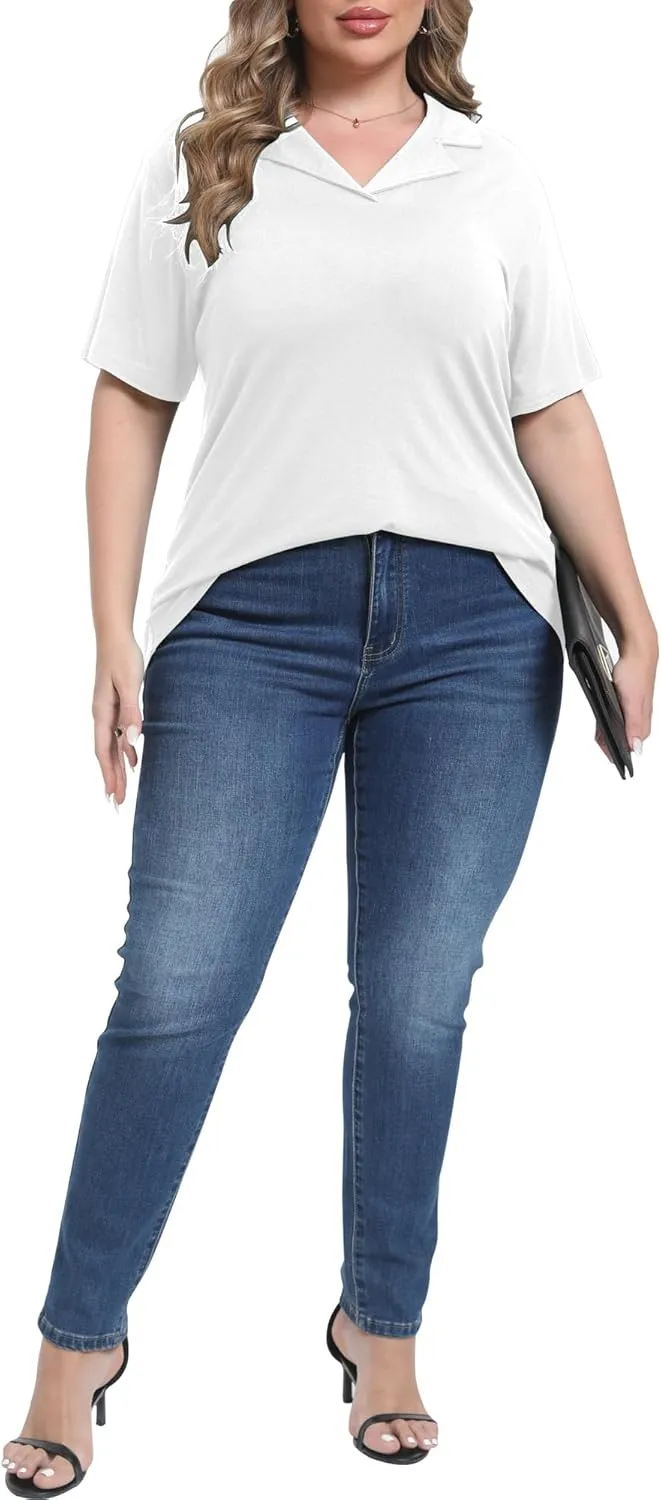 Womens Plus Size Collared Neck Polo Shirts Summer Short Sleeve Tops Loose Work Casual Dressy T Shirts