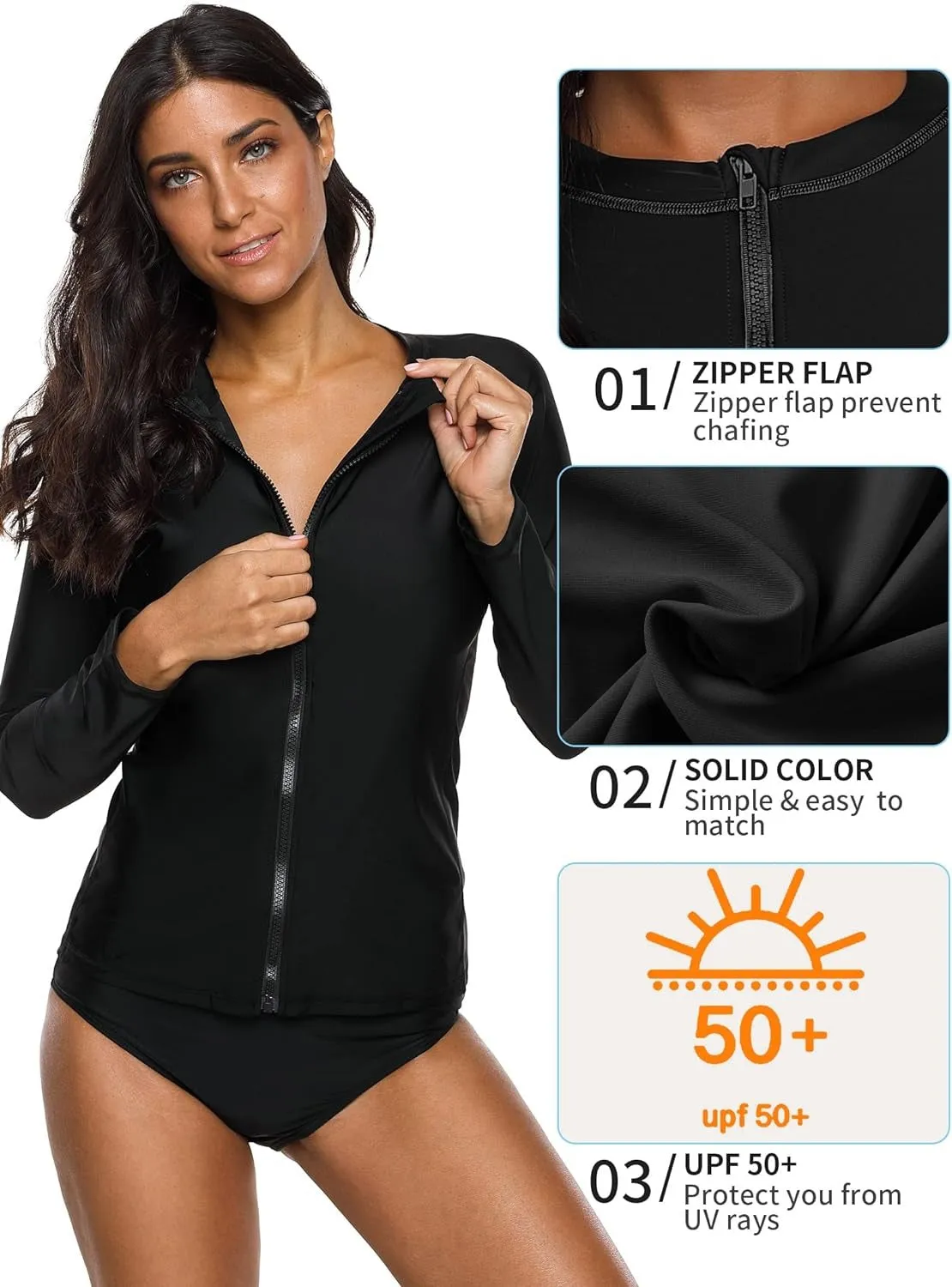 Women's Solid Color Rashguard Swimsuit Zip Front Sun Protection Swim Shirt UPF 50 