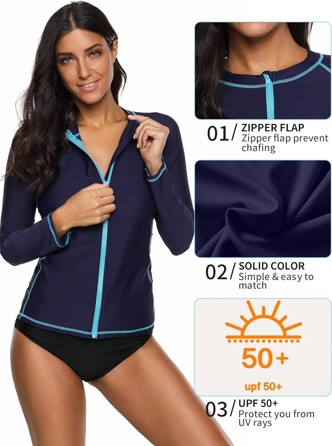 Women's Solid Color Rashguard Swimsuit Zip Front Sun Protection Swim Shirt UPF 50 