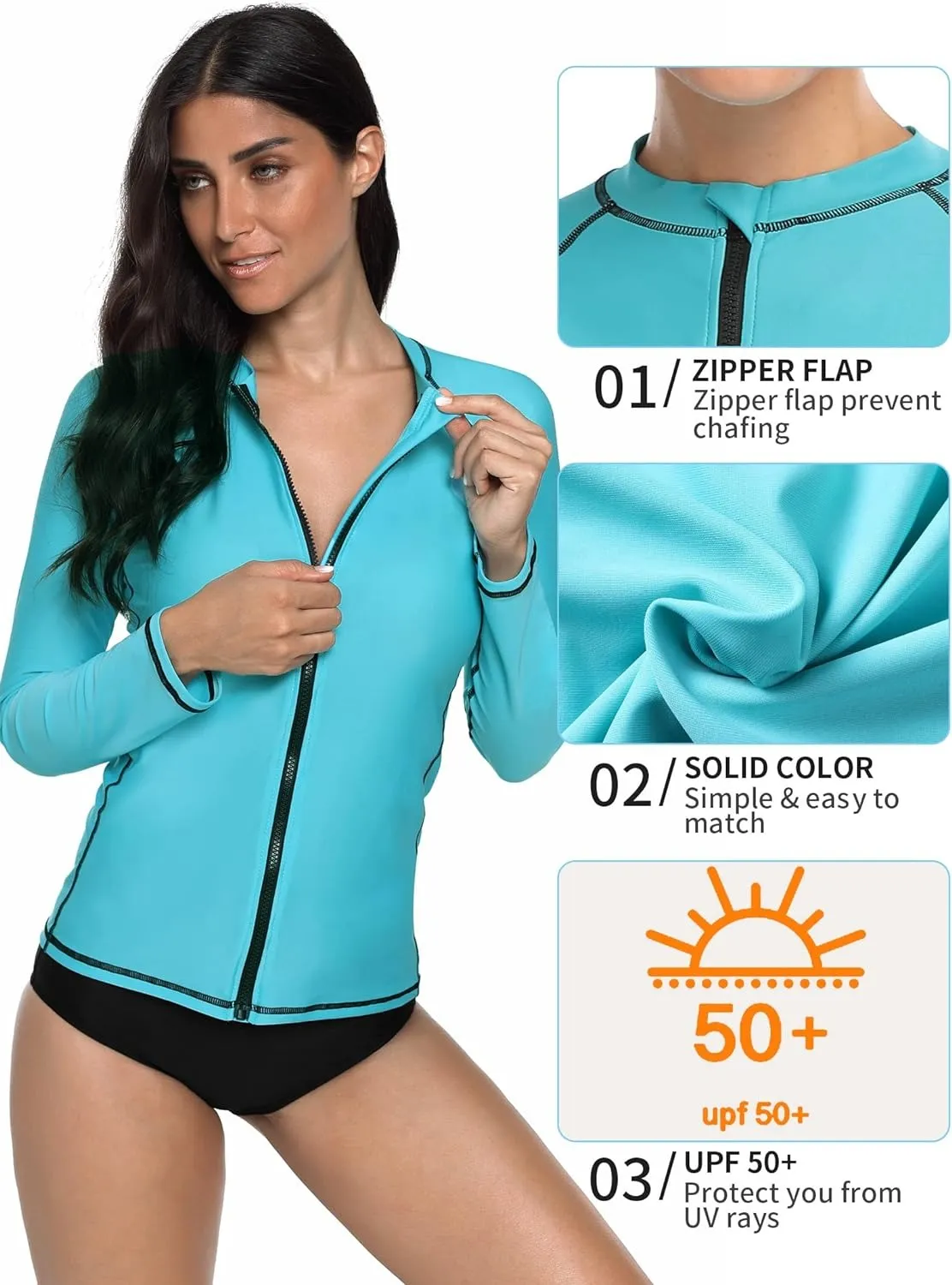 Women's Solid Color Rashguard Swimsuit Zip Front Sun Protection Swim Shirt UPF 50 