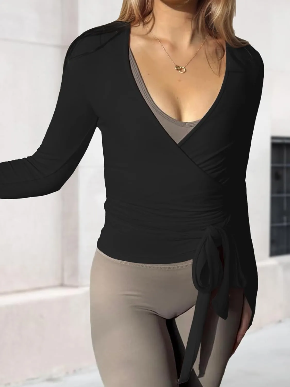 Women's Wrap Top Long Sleeve Cross Wrap Tie Ballet Tops Deep V Neck Solid Slim Fit Pilates Yoga Workout T Shirts